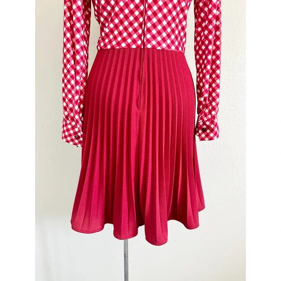 Vintage 60s 70s Red Check Skater Accordion Pleated Dagger Collar Mod Red Dress - Picture 12 of 15